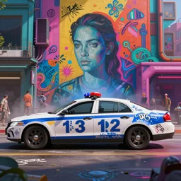 a police car covered in graffiti that spells'1 3 1 2'by mia brownell, art by anna hotchkis, antonio saura, very detailed, maximalism, ambient occlusion, volumetric light, atmospheric haze, hyper realism, futuristic but colorful shading, cinematic composition, realistic render, photography, wide shot