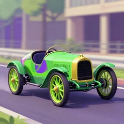 saturated green purple electric lime gold colors matte animation cel still of the 1 9 0 3 paris madrid race early automobile racing action shot vibrant detailed 1 9 9 0 anime sharp, rendered in unreal engine 5, anime key art by greg rutkowski, bloom, dramatic lighting poster art deco
