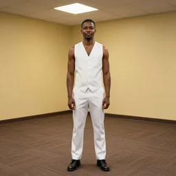 black man wearing a white vest standing in a room with brown carpet, office ceiling and yellow walls