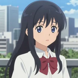 anime fine details portrait of a school girl in front of modern tokyo city landscape on the background deep bokeh, close-up view, anime masterpiece by Studio Ufotable, 8k, sharp high quality anime, artstation