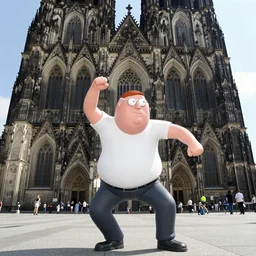 Peter griffin in front of koln cathedral, he is dancing and doing the griddy