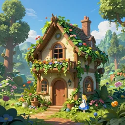 a plant house in a fantasy landscape, artstation trend, hdr, fantasy art, vivid colors, alice in wonderland style