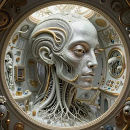 complex 3d render ultra detailed of a beautiful porcelain spaceship interior with alien lifeforms, biomechanical cyborg, analog, 150 mm lens, beautiful natural soft rim light, roots, fine foliage lace, ernst haeckel,  chitin, visceral, art nouveau , intricate details, satin silver beautiful gold metal details, mesh wire, neri oxman, facial muscles, cable wires, microchip, elegant, hyper realistic, ultra detailed, octane render, H.R. Giger style, volumetric lighting, 8k post-production