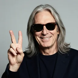 portrait of a middle - aged man with sunglasses and long grey hair smiling while doing a peace sign, by norman rockwell