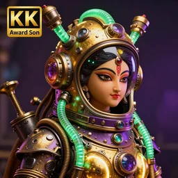 awardwinning portrait photo of a steampunk god durga, wearing a glowing golden and purple metallic steampunk astronaut helmet with green glowing tubes and cables and shiny metallic devices, 3 d render, crisp, 8 k, fluorescent colors, insanely integrate, nikon photography