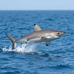 action photo of shark jumping from surface of the sea, from nature journal, 1 / 1 0 0 0 sec shutter, action photo, sigma 1 0 5 mm f 2. 8