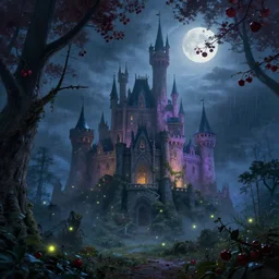 stormy night, created by jan urschel and sylvain sarrailh, in the misty moonlight and mysterious fantasy forest, a huge fairy magic school castle, castle, many fireflies, shimmering effect, magnificent color matching, realistic matte painting, cherry, western magic forest, clear details, trending on artstation