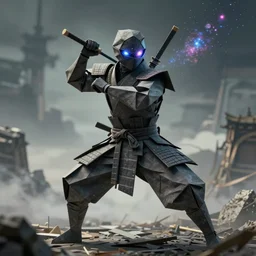 beautiful cinematic fantasy poster, a ninja samurai warrior made out of folded origami matte finish paper, battle pose, beautiful glowing galaxy eyes, wideshot ultrawide angle epic scale, hybrid from The Elden Ring and art direction by Darius Zawadzki ;by artgerm; wayne reynolds art station; cinematic quality character render; low angle; ultra high quality model; production quality cinema model;