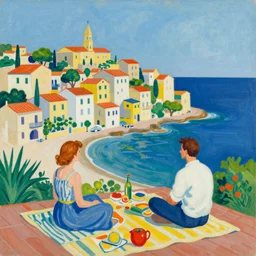 a mediterranean town, ocean, style of david hockney