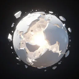 3 d render of a white sphere exploding and breaking to pieces in space, light is coming out from inside the sphere