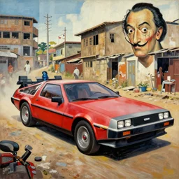 a red delorean in ajegunle slum of lagos - nigeria, painting by hsiao - ron cheng & salvador dali, magazine collage & ukiyo - e style, masterpiece.
