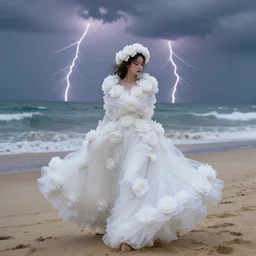lonely wonderful lady with a white large magnificent more and more vaporous, wrapped, hight decorated, detailed, white roses cotton dress is moving in the sand near the ocean, during lightning storm, her face is visible, 8 k