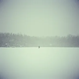 photo, bigfoot faintly appears in the distance, barely able to be seen. cold color temperature, snow storm. hazy atmosphere. humidity haze. kodak ektachrome, greenish expired film, award winning, low contrast