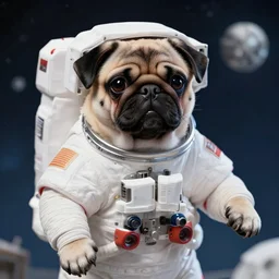 hyper realistic, highly detailed, astronaut pug in space.