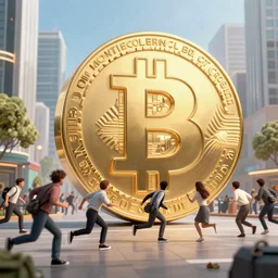 giant bitcoin chasing people scared and running in city, cinematic composition, art and design by cointelegraph, hyper - detailed
