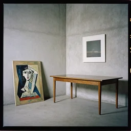 kodak portra 4 0 0, 8 k, wide shot of a highly detailed, britt marling style, award winning colour still - life portrait of a large minimalistic room with rough concrete walls, a picasso painting, a square wall picture is leaning on the wall, a 1 9 5 0 s table, a 1 9 5 0 s table. 3 0 ° camera angle