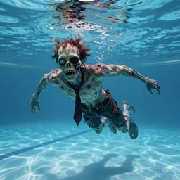 highly detailed full body portrait of a zombie swimming underwater in a zombie - apocalypse, in a swimming pool, by greg rutkowski, octane render