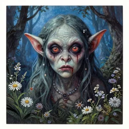 a pretty but sinister and creepy goblin in layers of fear decoupage, with haunted eyes, violence in her eyes, 1 9 7 0 s, seventies, delicate embellishments, a little blood, woodland, blue dawn light shining on wildflowers, painterly, offset printing technique, by walter popp, alexandre cabanel