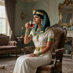 a crocodile goddess in traditional Egyptian garb drinking tea in an abandoned Victorian parlor