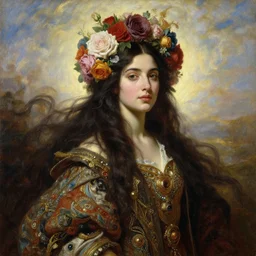 portrait oil painting, a beautiful young woman, floral headdress of roses, flowers, long flowing dark hair, ornate robe, ultra realistic, wide angle, intricate details, artifacts, luminous skies, highly detailed, michael cheval, peter mohrbacher, boris vallejo, jessica rossier, oil painting, highly detailed, cinematic lighting