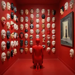 only with red, a red human, a red room with a lot of masks with different personalities and expressions, in the style of beksinski, parts by edward hopper, parts by rodcenko, parts by yue minjun, intricate composition by bosch, red by caravaggio, insanely quality, highly detailed, masterpiece, red light, artstation, 4 k