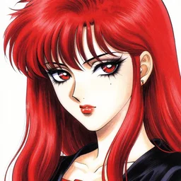 highly detailed professional portrait of 9 0 s seinen manga art of goth woman with red hair, black makeup, and red eyes. chunibyo. manga cover. drawn by