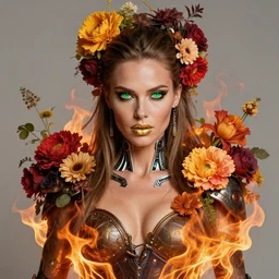 front frontal portrait of a beautiful viking cyborg female dj on fire, green eyes, gold lips, entwined in colourful lush flowers and fire, crown of fire, highly detailed, volumetric lighting, intricate time machine, decadent, highly detailed, octane render, concept art, smooth, sharp focus, hyper - realistic