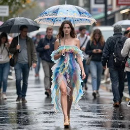 a woman wearing a jellyfish dress walking through a street holding a jellyfish umbrella in the rain by anny leibovitz, greg rutkowski, paolo roversi, ( ( ( mucha ) ) ) ( ( ( iris van herpen ) ) )