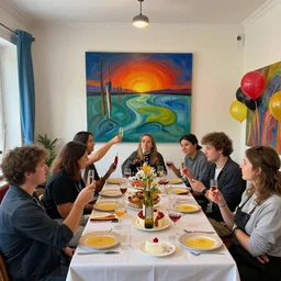 having a cool party birthday party, painting by neo rauch