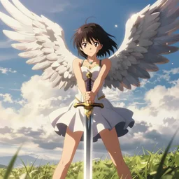 anime girl with wings holding up a sword, portrait, epic, intense, glowing, anime, pretty, beautiful, extremely detailed, cinematic lighting, clouds, sunny, grass,