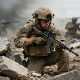 masterpiece an American soldier in full multicam gear taking cover behind rubble during a battle, intense, 8k, cinematic lighting, art by Greg Rutkowski
