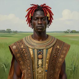a professionally painted african male model , clothed in ancient suit, dark skin, red gold dreadlocks hair, beautiful bone structure, symmetrical features, stunningly beautiful, intricate, elegant, digital painting, smooth, sharp focus, illustration, made by Kehinde Wiley, Kara Walker, Jacob Lawrence, Sam Gilliam, Edmonia Lewis, in a open green field