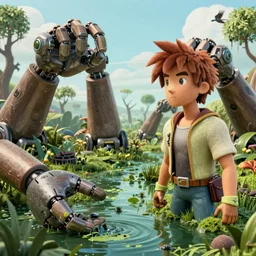 a wind waker and william blake 3 d render of enormous robotic hands reaching out of swampy pond, 1 9 9 8 render