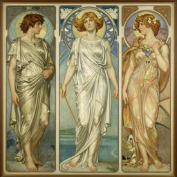 greek mythology, an art deco painting by Frederic Leighton and Daniel Maclise and Rolf Armstrong and Evelyn De Morgan and Bastien Lecouffe-Deharme, dutch golden age, dramatic lighting, high contrast colors, baroque, empyrean, panoramic view, cgsociety, highly detailed, doom engine,