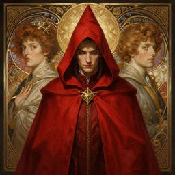 symmetry!! portrait of a red hooded wizard, fantasy, intricate, elegant, highly detailed, digital painting, artstation, concept art, smooth, sharp focus, illustration, art by artgerm and greg rutkowski and alphonse mucha