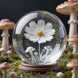 cosmos in a glass sphere in mushrooms field, sharp edges. ultra clear detailed. 8 k. elegant, intricate, octane render