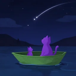 a purple cat in a boat shaped like a leaf at night looking up at the shooting stars, album cover art
