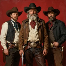 Solomon Joseph Solomon and Richard Schmid and Jeremy Lipking victorian genre painting portrait painting of a old rugged cowboys gunfighter old west character in fantasy costume, red background