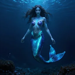 Fullbody painting of an aquatic woman with glowing highlights, bioluminescence, bioluminescent dark blues, Cyberpunk, grungy, underwater, mermaid, fantasy, featured on Artstation