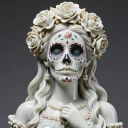 detailed realistic beautiful porcelain calaveras goddess portrait by jean delville, gustave dore, iris van herpen and marco mazzoni, art forms of nature by ernst haeckel, art nouveau, symbolist, visionary, gothic, neo - gothic, pre - raphaelite, fractal lace, intricate alien botanical biodiversity, surreality, hyperdetailed ultrasharp octane render