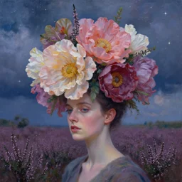 closeup, huge flowers as head mohawk, a woman in heather field, surreal photography, starlight, storm clouds, impressionist painting, digital painting, artstation, simon stalenhag