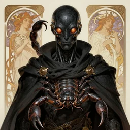 huge, impassive black-skinned clone with bronze cybernetic eyes and alien scorpion tail wrapped tightly around neck like scarf, wearing cloak, science fiction alien bestiary by Greg Rutkowski, Alphonse Mucha, and Brom