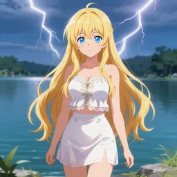 a very beautiful anime cute girl, full body, long wavy blond hair, sky blue eyes, full round face, short smile, fancy top, miniskirt, front view, summer lake setting, cinematic lightning, medium shot, mid-shot, highly detailed, trending on Artstation, Unreal Engine 4k, cinematic wallpaper by Stanley Artgerm Lau