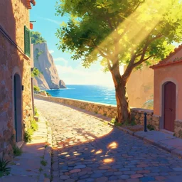 a lonely cobblestone street with a tree near a cliff over the sea, brightly illuminated by rays of sun, artstation, colorful sylvain sarrailh illustration, multiple point perspective