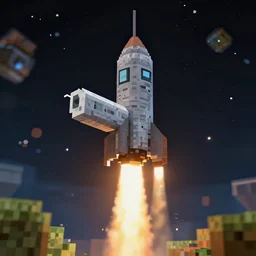 A minecraft screenshot of a submarine as a rocket in minecraft, minecraft screenshot of a submarine launching into space 35mm, f/1.4, f1.8 anamorphic, bokeh, 4k, Canon, Nikon
