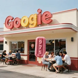 1 9 7 5 googie popsicle people sitting at tables, googie architecture, two point perspective, americana, restaurant exterior photography, hd 4 k, taken by alex webb