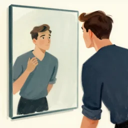 man looking at his reflection in the mirror, 1960’s minimalist advertising illustration, painterly, expressive brush strokes