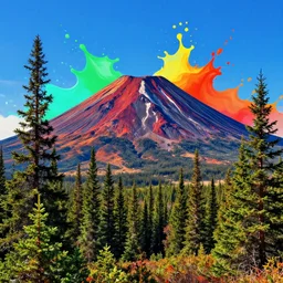 landscape desert volcano forest of canadian fir trees splash art graphic design color splash high contrasting art, fantasy, highly detailed, art by greg rutkowski