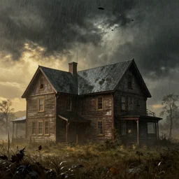 autochrome of a horror farmhouse in a stormy rainy place, matte Caravaggio horror painting, particle dust effect, light leak, unreal engine 8k render photorealistic, volumetric lighting atmosphere, golden hour, detailed, horrortale, fantasy, low saturation color scheme, its a beautiful and sad horror photograph, stunning postprocessing, Goya, Caravaggio, Brian Froud,