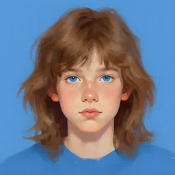 portrait of a boy with long fluffy brown hair, blue eyes. blue background. large brush strokes, digital art, procreate